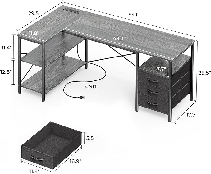 Huuger L Shaped Office Desk with Power Outlets & 3 Drawers | 55 Inch Computer Desk with Shelves, Reverisble for Gaming Corner Work Home Office Study, Grey