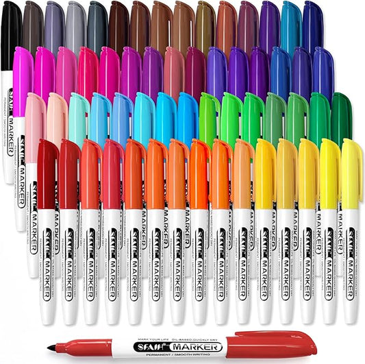 SFAIH 60 Colors Permanent Markers - Assorted Vibrant Colors, Quick Drying, Fade Resistant, Alcohol-Based Fine Point Permanent Markers for Paper, Plastic, Wood, Coloring, Drawing Doodling, Waterproof