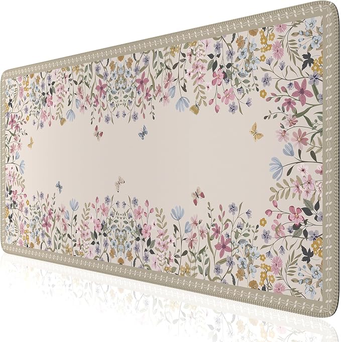 iCasso Floral Desk Mat,Cute Gaming Mouse Pad,Beige | Anti-Slip Desk Matt for Desktop,Soft Lycra Surface Computer Mat Women Girly for Home Office