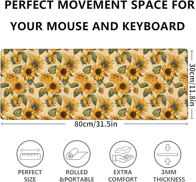 Sunflower Extended Mouse Pad 31.5x11.8in, Yellow Floral Leaf Pattern Large Desk Mat with Non-Slip Rubber Base, Big Mousepad for Laptop Computer PC, Gaming Office Home Decor, Deskmat Gifts