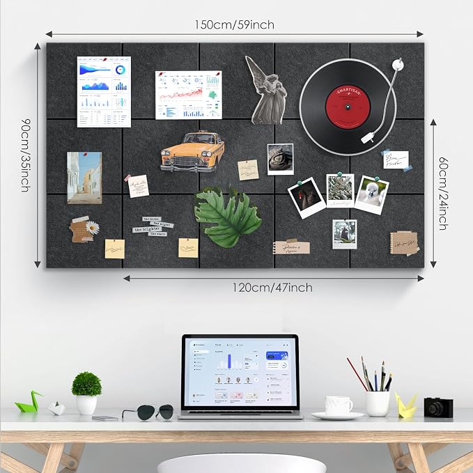 Bulletin Board 47" X 24" Cork Boards for Wall Alternative 8 Pack Grey Non-Stripe Felt Bulletin Board 48 Safe Adhesive 35 Push Pins for Office School Home Room Decor