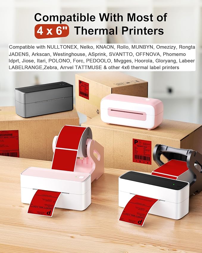 Phomemo 4x6 Thermal Labels for Shipping Label Printer 500 PCS Fanfold, Red | Mailing Labels Compatible with JADENS/NULLTONEX/Nelko/KNAON/Rollo/MUNBYN/Omezizy/Rongta/Arkscan/and Other 4x6 Label Printers