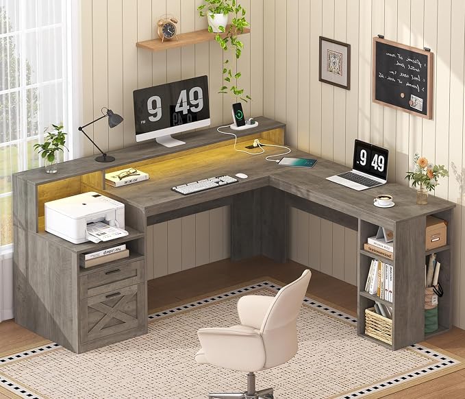 63" Farmhouse L Shaped Desk with Drawers & Storage Shelves for Home Office | Corner Desk with Power Outlets & LED Lights, L-Shaped Office Desks with File Drawer, Printer Shelf, Monitor Stand, Grey