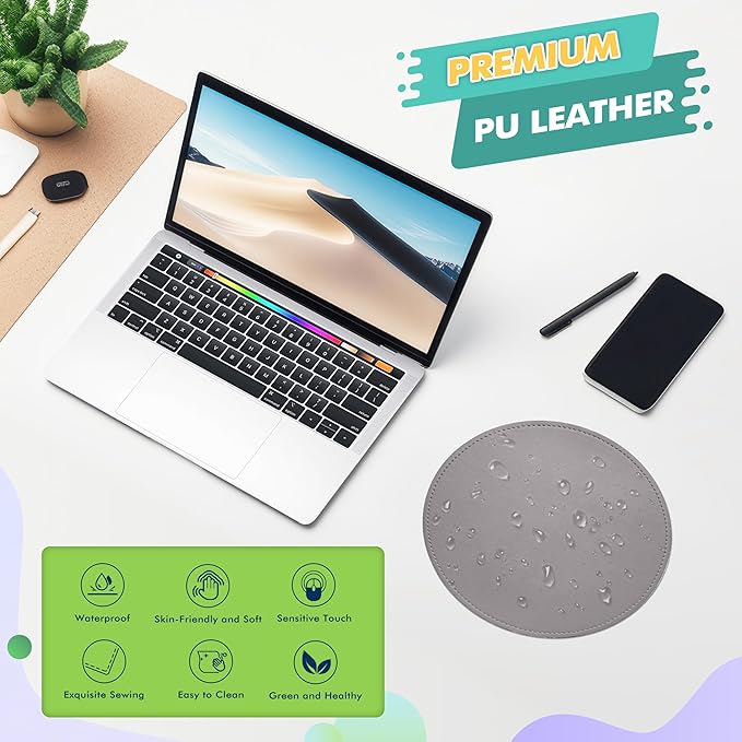 Mouse Pad，Round Mouse Pad，PU Mouse Pad，Leather Mouse Pad with Stitched Edge Micro-Fiber Base with Non-Slip Waterproof，Mouse Pad for Computers，Laptop，9 x 9 Inch (Silver Gray)