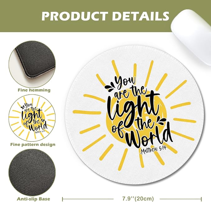 Christian Sun Round Mouse Pad 7.9x7.9in, Christian Office Decor | Matthew 5:14 Bible Verse Religious Sunshine Mousepad Mouse Mat for Computer Laptop Home Office Dorm Desk Accessories