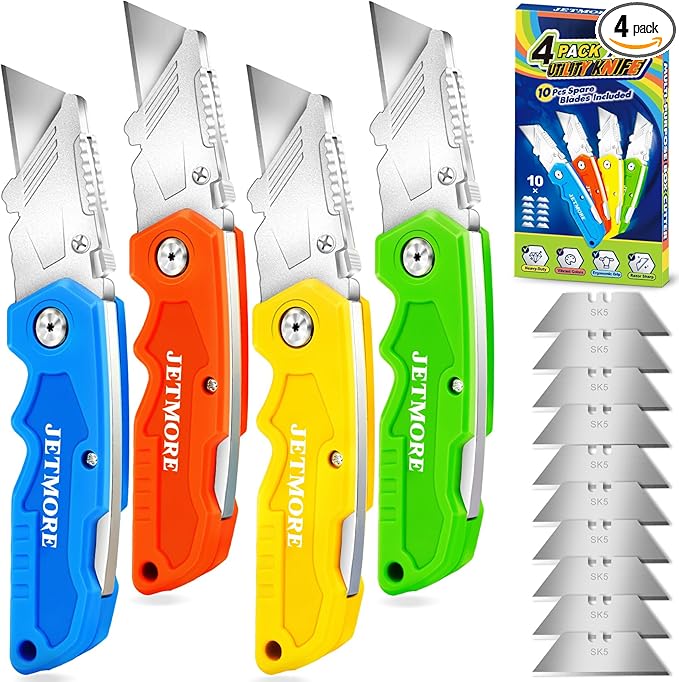 Utility Knife, 4 Pack Colorful Box Cutter with 10 SK5 Blades, Navajas Para Trabajo, Folding Utility Knife with Clip, Razor Knife for Cardboard, Carpet, Wallpaper, Box Opener