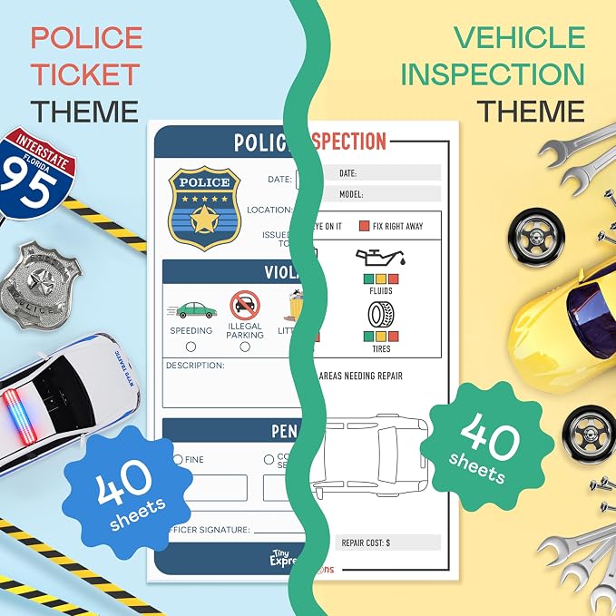 Pretend Play Notepads - Police Officer & Vehicle Inspector | 40 Pages Police Ticket & 40 Pages Vehicle Inspection Pads - Officer & Mechanic Imaginative Role Play