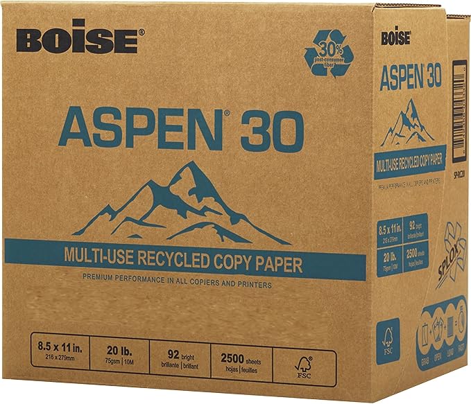 BOISE ASPEN 30% Recycled Multi-Use Copy Paper, 8.5" x 11" Letter, SPLOX Speed Loading Reamless Easy Carry Box, 92 Bright White, 20 lb. (2,500 Sheets)