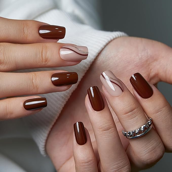 CurvLife Medium Square Press On Nails, Soft Gel Mocha Line Dream Salon Quality Fake Nails, Brown Nude Minimalist Design, Reusable Full Cover Press Ons for Women
