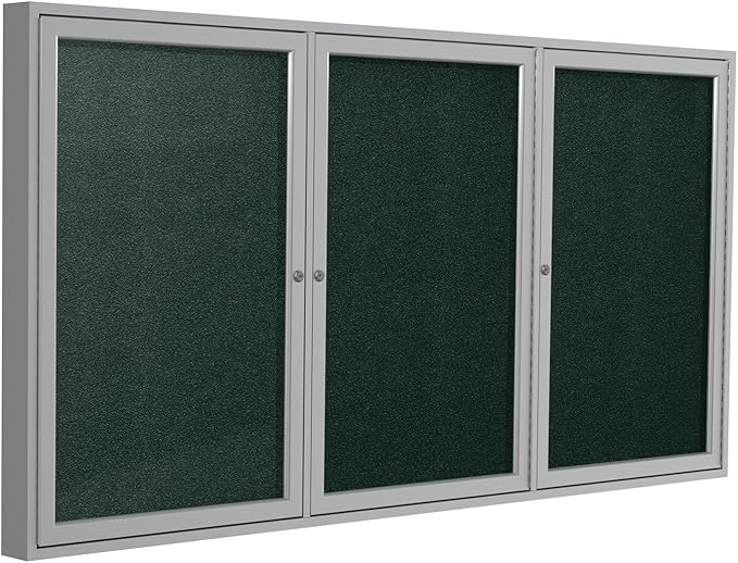 Ghent 3-Door Outdoor Enclosed Vinyl Bulletin Board, Shatter Resistant, with Lock, Satin Aluminum Frame - Ebony Made in the USA