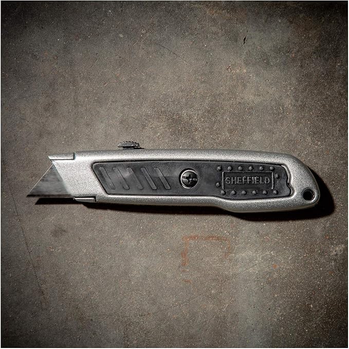 Sheffield Retractable Utility Knife, Box Cutter With Rubber Grip, 4-Position Blade Lock, Razor Blades Included, For Home, Office, Trades, and Warehouse