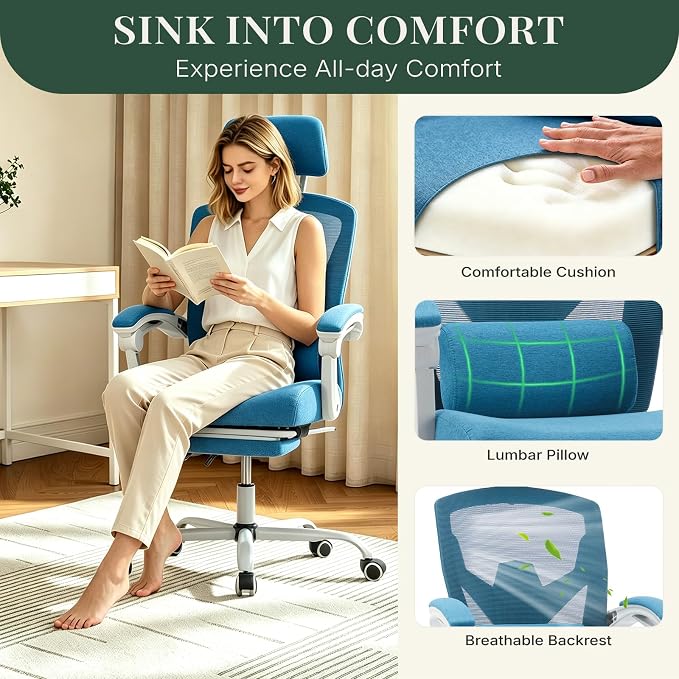 Ergonomic Office Chair with Footrest, Computer Gaming Chair | Adjustable Headrest, Lumbar Support, Swivel Reclining, Padded Armrest, Mesh High Back, Home Desk Work Study, Blue