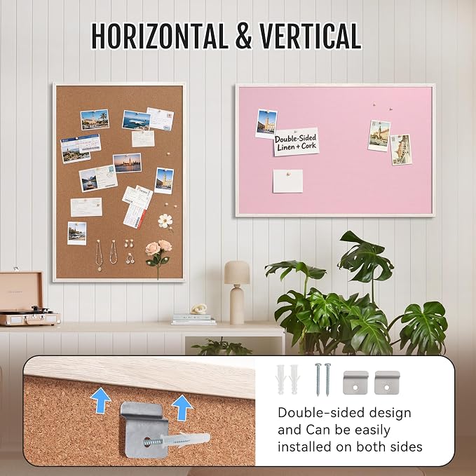SELEAD Double-Sided Linen and Cork Bulletin Board (36"x24", Pink) | 2-in-1 Fabric Linen Cork Pinboard, White Wood Frame Wall Decor Photo Display Vision Board for Home Family, Bedroom, Dorm Room