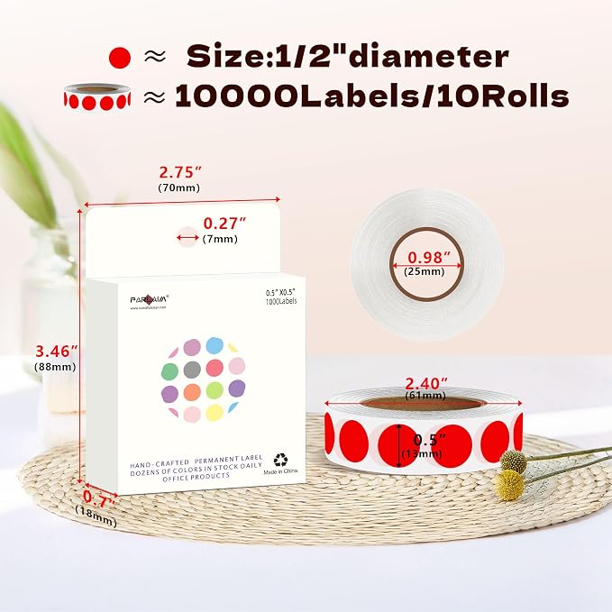 PARLAIM 10000PCS 1/2 Inch Round Color-Code Dot Stickers,Circle Colorful Coding Label Sticker for Home Office(Red)