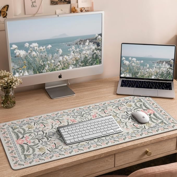 iCasso Aesthetic Desk Mat,31.5x11.8in Mouse Pads, Gray Floral | Anti-Slip Mousepad with Stitched Edges, Waterproof Computer Pad, Desk Accessories Office Decor for Women
