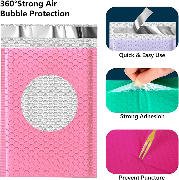 JinRuiKJ Multicolored1 Bubble Mailers 4x8" 50 Pack, Padded Envelopes, Cushioning Padded Shipping Envelopes for Jewelry, Makeup - Pink, White, Green, Purple, Rose Red