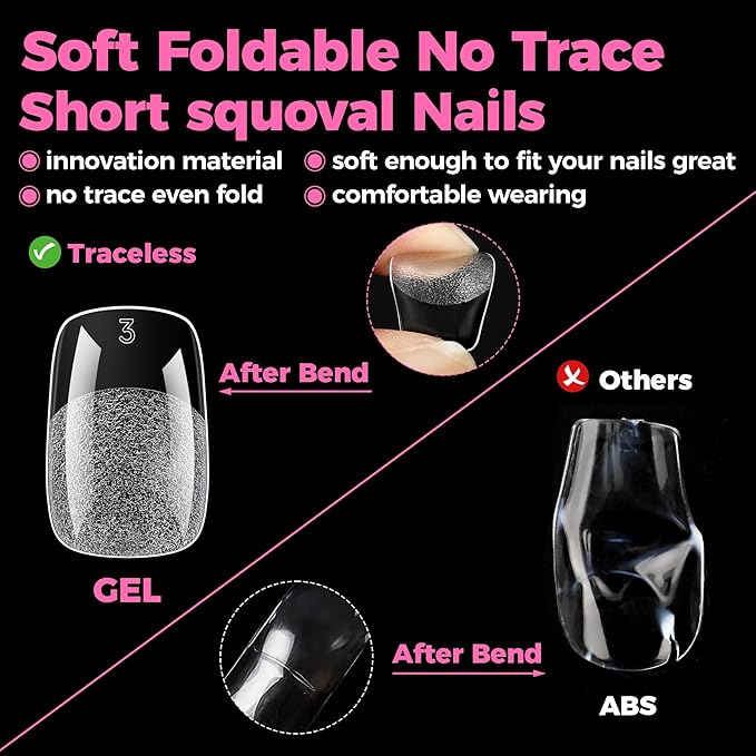 UNA GELLA Gel Nail Tips Square & Squoval Short, 504pcs Short Round Square Nail Tips Pre Etched Squoval Soft Gel Clear Fake Nails Full Cover For Nails Extension Home DIY Salon 12 Sizes