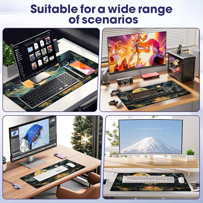 Large Extended Mouse Pad with Stitched Edges 35.4"x15.7" - Waterproof Desk Mat, Non-Slip Rubber Base for All-Desk Coverage, Perfect for Gaming Office Home, Moon