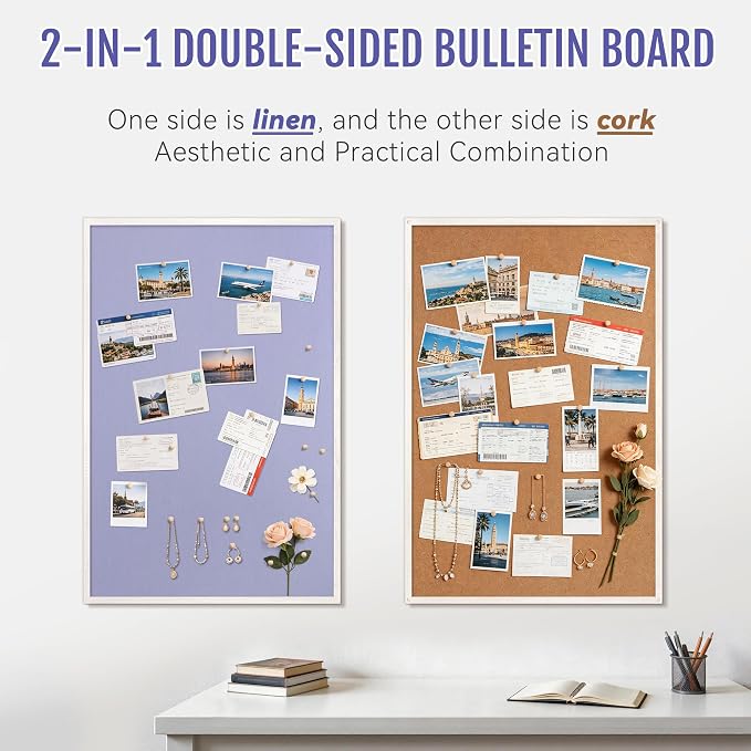SELEAD Double-Sided Linen and Cork Bulletin Board (36"x24", Purple) | 2-in-1 Fabric Linen & Cork Pin Board, White Wood Frame Wall Decor Photo Display Vision Board for Home Family, Office, Kitchen