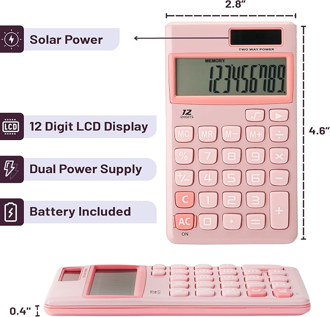 Mr. Pen - Standard Function Solar Calculator, 12 Digits, Light Pink | Pocket Size