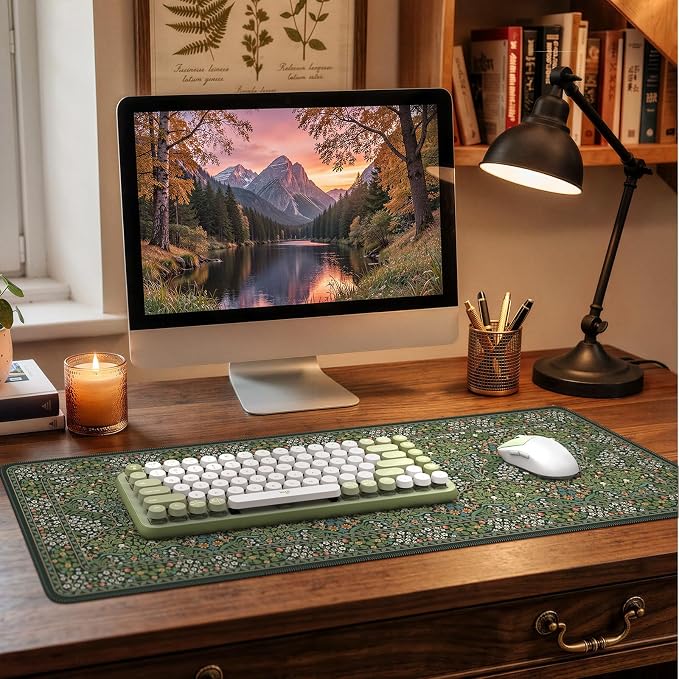 iCasso Aesthetic Floral Desk Mat, 31.5x11.8in Mouse Pads, Retro Green | Anti-Slip Mousepad with Stitched Edges, Waterproof Computer Pad, Desk Accessories Office Decor for Women