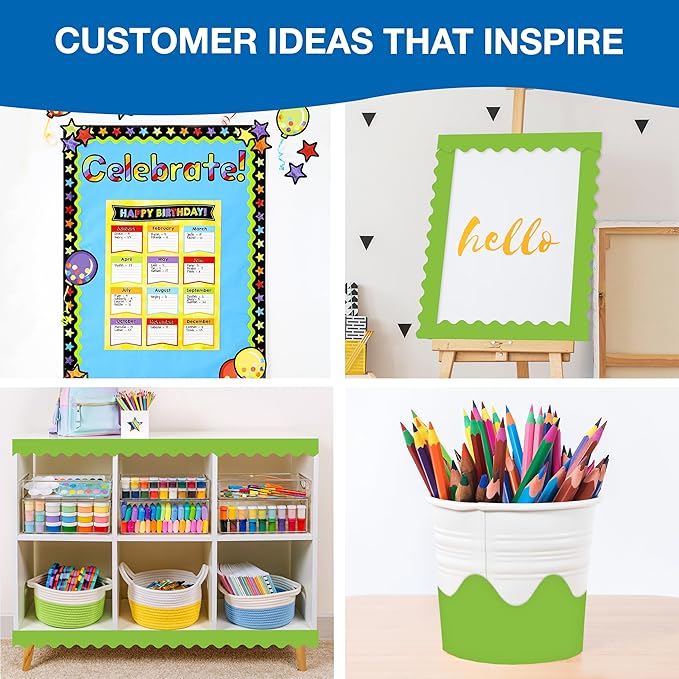Carson Dellosa 65Ft of Lime Green Bulletin Board Borders, 1 Roll of Scalloped Trim for Rolling Whiteboard, Cork and Posterboard, St Patricks Day, Christmas Decorations, Party, and Classroom Decor
