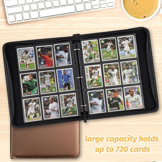 GERMUN 3 Ring 9 Pocket Zipper Card Binder, 720 Double Sided Standard PU Trading Card Album Folder for TCG & Sports Cards, Not Fit Top Loaders (Brown)