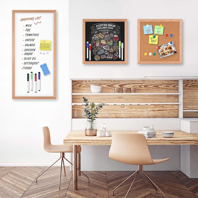 Magnetic 3 in 1 Combination Board 12"x12", 24"x12", Natural Wood Frame | Multi-functional Dry Erase Whiteboard, Chalkboard & Cork Board, Ideal for Home, Office & School