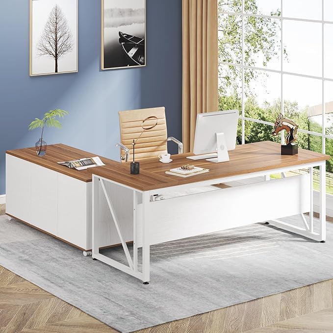 Tribesigns 63 inches Executive Desk and 47" lateral File Cabinet, L-Shaped Computer Desk Home Office Furniture Set with Drawers and Storage Shelves, Office Table with Cabinet (Walnut+White, 63)