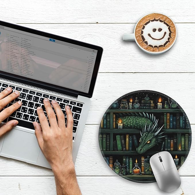 Gctriki Gothic Dragon Mouse Pad with Stitched Edges, Small Round Mouse Pads for Desk, Funny Travel Mousepad for Computer Laptop Office Desk Accessories Decor Mystical Library Vintage Book 8.6 inch