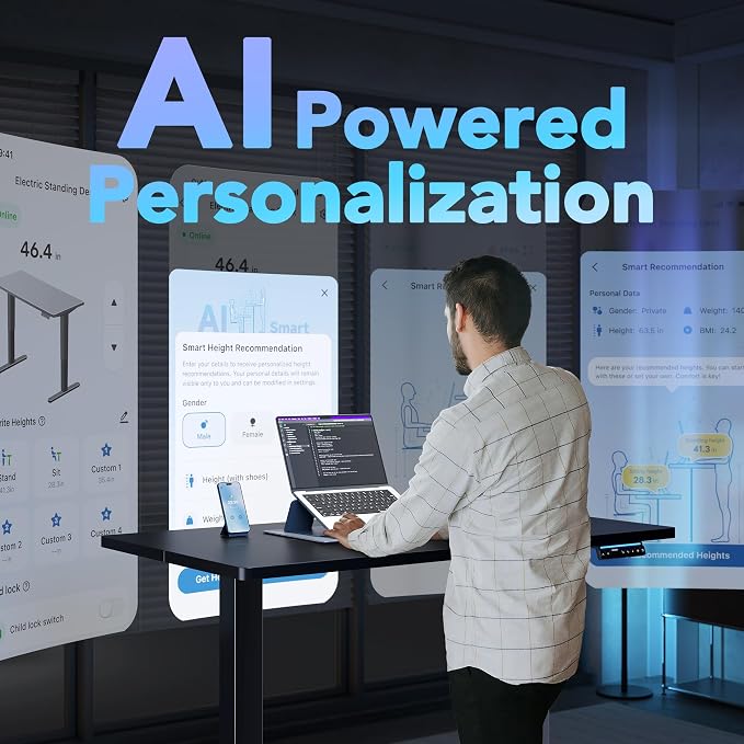 HUANUO AI-Powered Smart Electric Standing Desk, 32 Inch, Black | AI App & Voice Control via Alexa, Google Assistant & Siri Shortcuts, 28.3–46.5-Inch Height, Compact 32-Inch Desk, 3 Settings