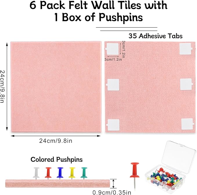 Cork Board Alternative 28" x 19", 6 Pack Felt Bulletin Boards, Pin Board | Includes Pushpins & 35 Safe Removable Adhesive Tabs, High-Density, Notice Boards for Walls Office Home Decor - Pink