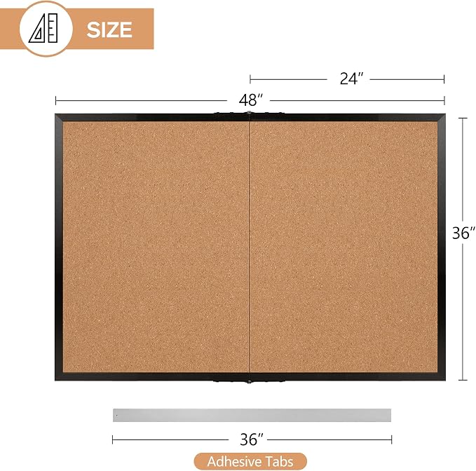 Cork Board Bulletin Board 36 x 48, Black Wood Framed 4x3 Corkboard, Foldable Office Board for Wall Decor, Large Wall Mounted Notice Pin Board with 36 Push Pins for School, Home & Office
