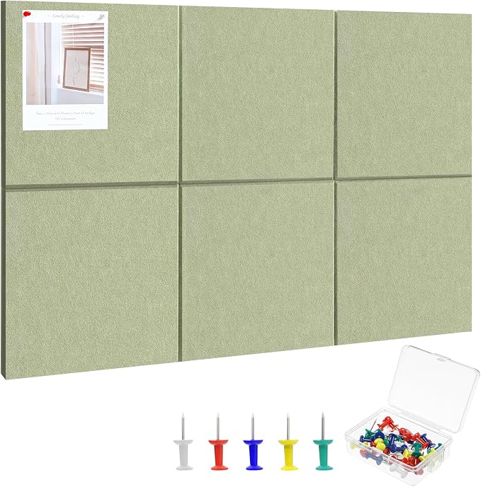 Cork Board Alternative 28" x 19", 6 Pack Felt Bulletin Boards, Pin Board | Includes Pushpins & 35 Safe Removable Adhesive Tabs, High-Density, Notice Boards for Walls Office Home Decor - Sage