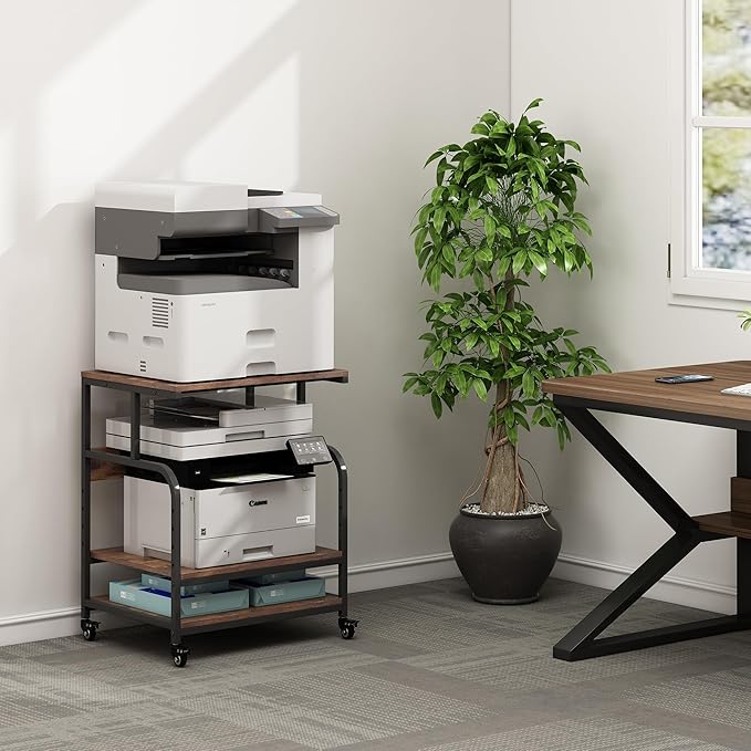 Fannova Large Printer Stand Table with Height Adjustable Storage Shelf | 23.6"x18.9"x30", Metal Frame, Industrial Wheels, 3 Tier Rolling 3D Printer Cart for Home Office Organization, Rustic Brown