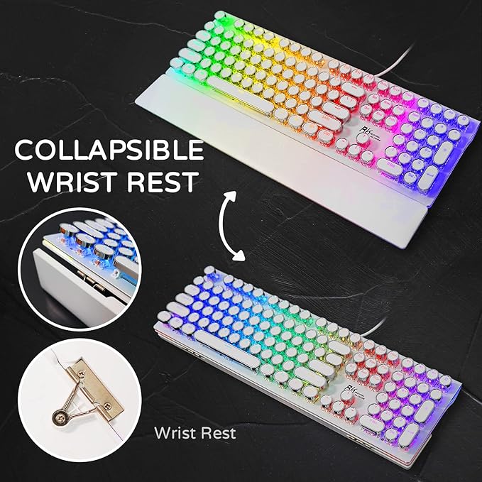 RK ROYAL KLUDGE S108 Typewriter Gaming Keyboard, Retro RGB Mechanical Keyboard, Full Size Wired Keyboards with Number Pad and Detachable Wrist Rest, Round Keycaps, Clicky Blue Switches White