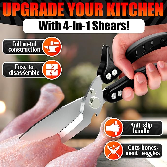4-in-1 Multi-Use Heavy Duty Poultry Shears – Sharp Seafood, Fish, Turkey & Chicken Shears with Non-Slip Metal Handle & Micro-Serrated Blades – Spring-Loaded, Safety Lock Bone Scissors (Black)