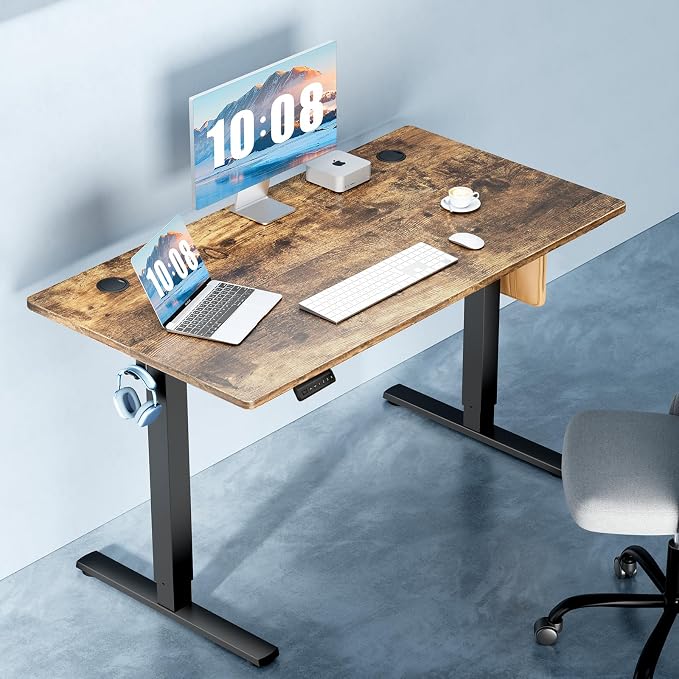 DUMOS 48 Inch Electric Standing Desk, Memory Adjustable Home Office Desk | Sit Stand Up Desk for Work Home Office,Adjustable Desk, Rising Computer Table with Splice Board,Cable Management,Hook,Brown