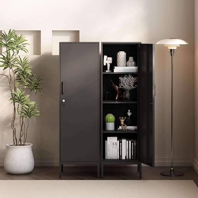 Black Metal Locker Cabinet, 59.1" Lockable Storage Locker for Employees with Adjustable Shelves, Locking File Cabinet Door for Office, School, Gym, Garage