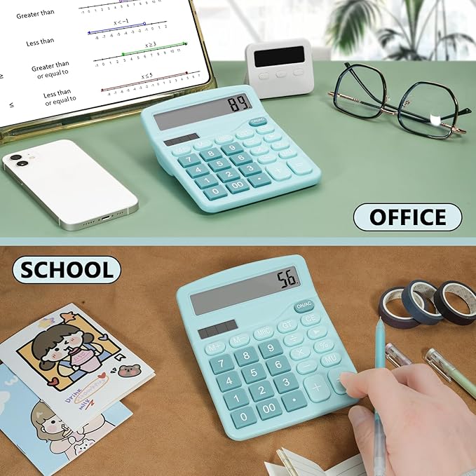 Cute Light Blue Desktop Calculator with Big Buttons, Dual Power Source, Solar and Battery, Large Display Screen - Perfect for Office, Teachers, and Students (Light Blue)