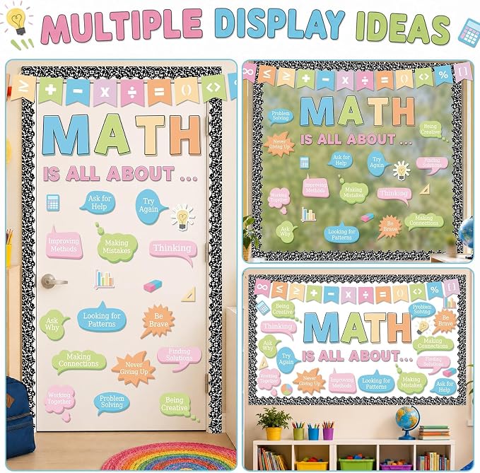 Pastel Composition Notebook Math Bulletin Board Set Mathematics Classroom Decor Math is All About Motivational Paper Cutouts for Back to School Chalkboard Wall Supply