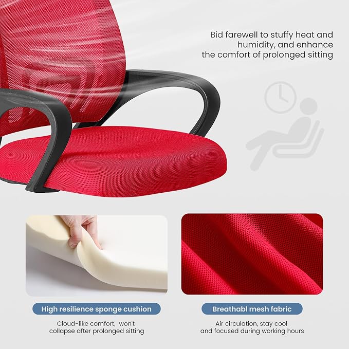 DUMOS Office Chair, Ergonomic Home Desk Mesh Chair, Lumbar Support | Mid Back Mesh, Height Adjustable Fixed Armrest, Rocking Mode 360 Swivel Computer Gaming, Red
