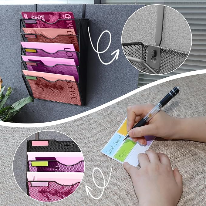 5 Pockets Mesh Wall File Holder Organizer Office Hanging File Folder Magazine Rack, Nametag Label Hooks Set Included (Black)