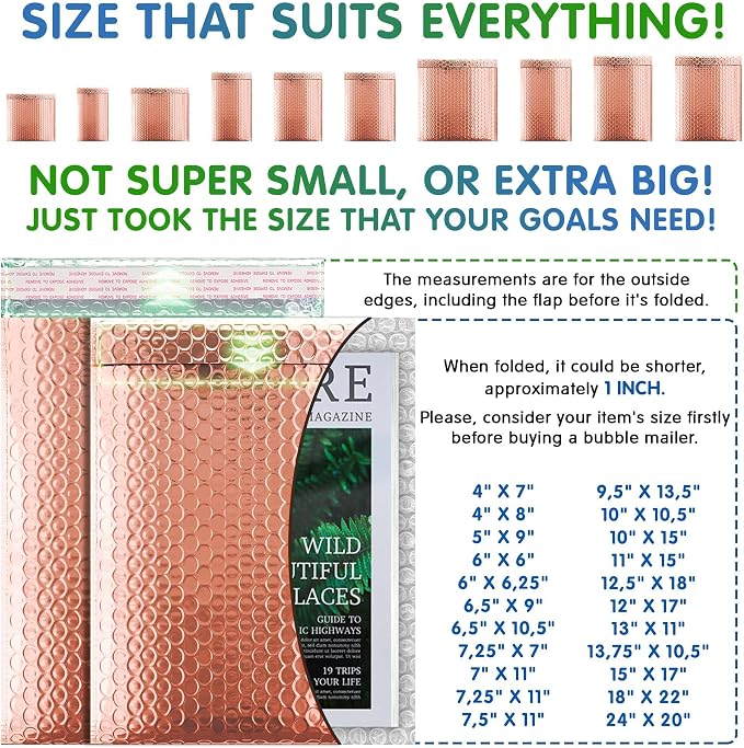 Metallic Bubble Mailers 10.5 x 15 Inches Rose Gold, 100 Pack Heavy Style Padded Envelopes for Shipping, Mailing, Packaging Protection