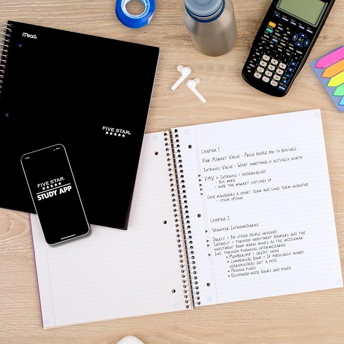 Five Star Spiral Notebook + Study App, 3 Subject, College Ruled Paper, Fights Ink Bleed, Water Resistant Cover, 8-1/2" x 11", 150 Sheets, Black (72069)
