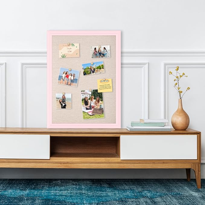 DOLLAR BOSS Bulletin Boards with Linen, 36"x24" White Cork Board, Pink | Corkboards for Walls, Framed Pin Board, Picture Display Vision Board, For Office Home School Girls Dorm Decor, 10 Pushpins