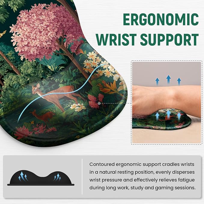 Ergonomic Mouse Pad with Wrist Rest, Gel Wrist Support, Forest | 10.2 x 7.6 in Mouse Pad with Smooth Fabric Surface and Non-Slip Rubber Base for Office, Home, Study, and Gaming