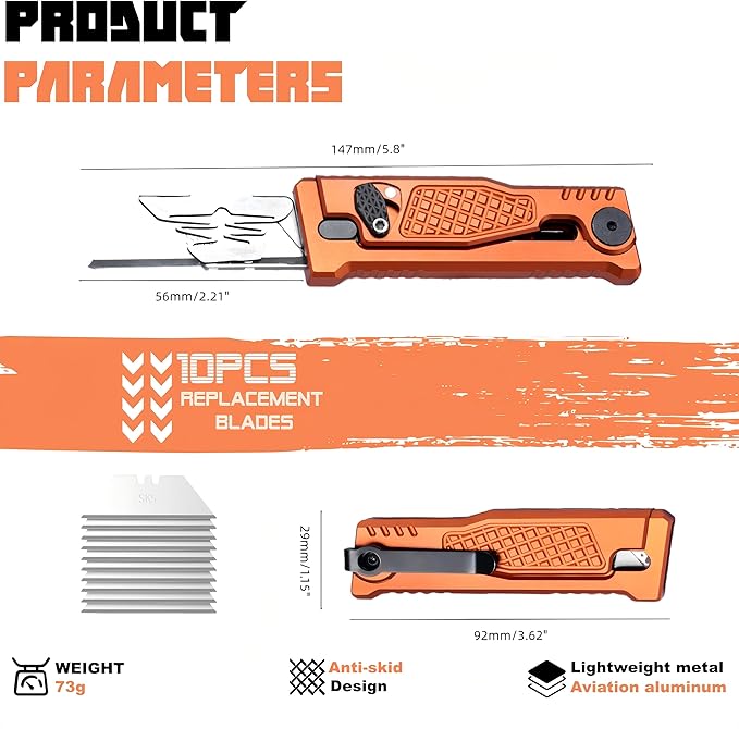 5.8" Aluminium Utility Knife, EDC Box Cutter with Clip, CNC Unibody, Lightweight All Metal Folding Box Cutter, Ideal Gifts for Men Women, with 10 Extra Blades（Orange）