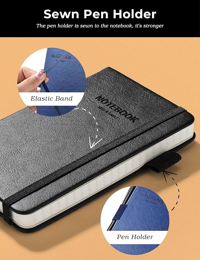 Pocket Notebook Small Notebook 2-Pack, 3.7" x 5.7" Pocket Notebooks Hardcover with Thick Lined Paper, Inner Pockets, Cover Letter Embossing Design Mini Journal Notepad Black+Navy