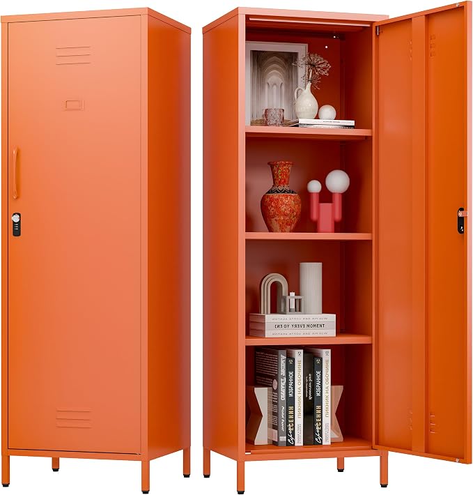 Metal Locker Storage Cabinets 59.06"H Orange Locking File Cabinets Kitchen Food Pantry Cabinet with 2 Doors and Shelves for Dining Room, Living Room,Bathroom Office,Home,Garage, Gym, School